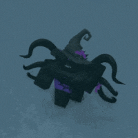 a cartoon character with a witch hat and horns on a blue background .