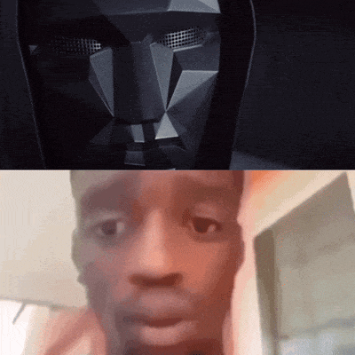 a close up of a man 's face next to a statue of a face