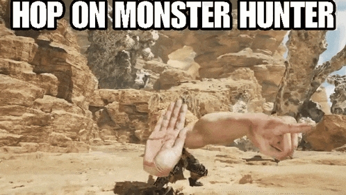 a video game scene with the words hop on monster hunter above it