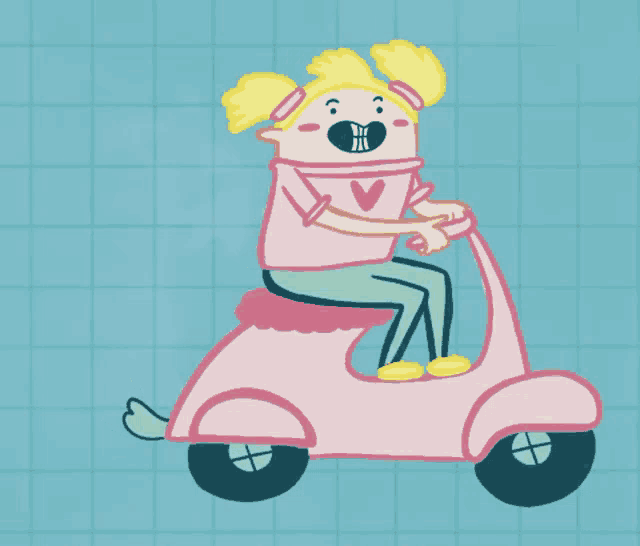 a cartoon girl is riding a pink scooter with a heart in the background