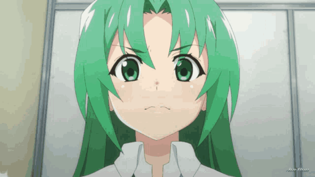 a green haired anime girl with a white shirt and tie