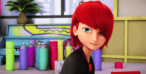 a cartoon character with red hair is sitting at a table
