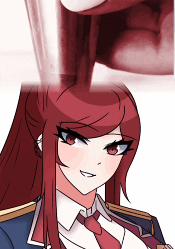 a girl with red hair and a red tie is being poured into a glass