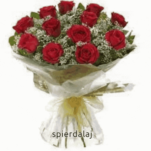 a bouquet of red roses wrapped in white paper with a gold bow