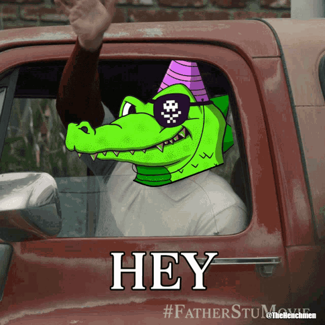 a man wearing a party hat and sunglasses is driving a red truck and says " hey "