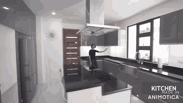 a woman in a kitchen with the words kitchen made in animotica