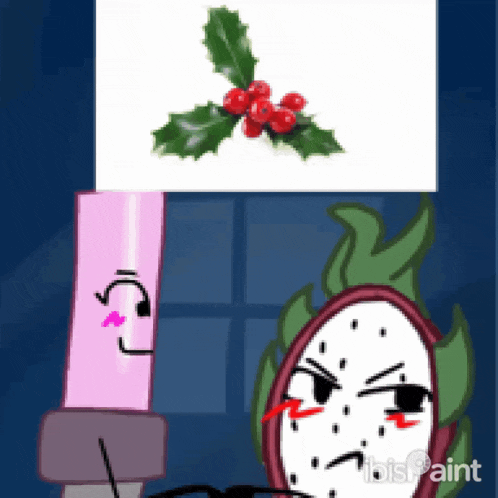 a cartoon character is holding a sign with a holly and berries on it .