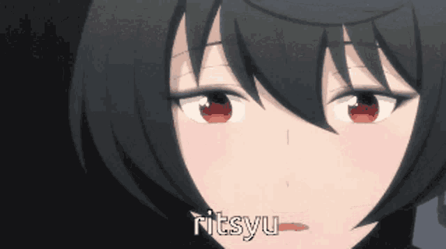 a close up of a girl 's face with the name ritsyu written on it