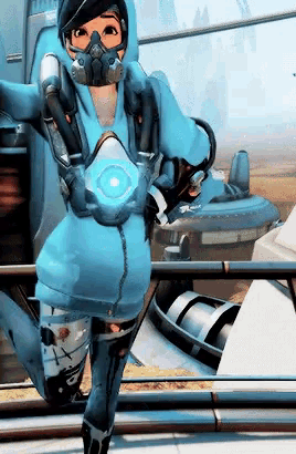 a cartoon character wearing a gas mask and holding a blue object