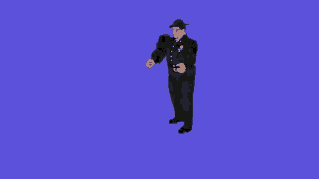 a man in a hat is dancing on a blue background