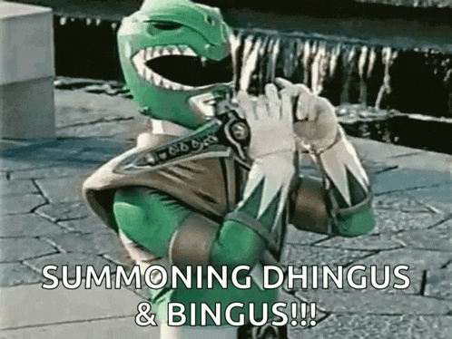 a green power ranger is holding a sword and says summoning dhingus and bingus .