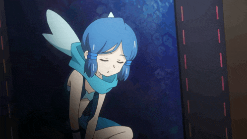 a girl with blue hair and a blue scarf around her neck