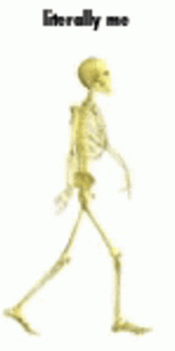 a skeleton is walking on a white background with the words `` literally me '' written below it .