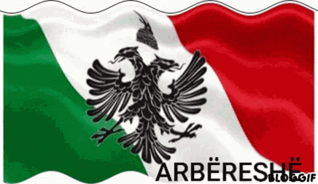 a green white and red flag with a black eagle and the words arbereshe below it