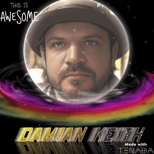 a poster for damian keith shows a man in a helmet