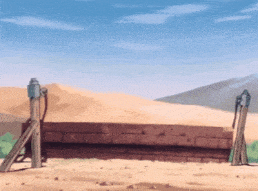 a painting of a desert scene with a brick wall and mountains in the background