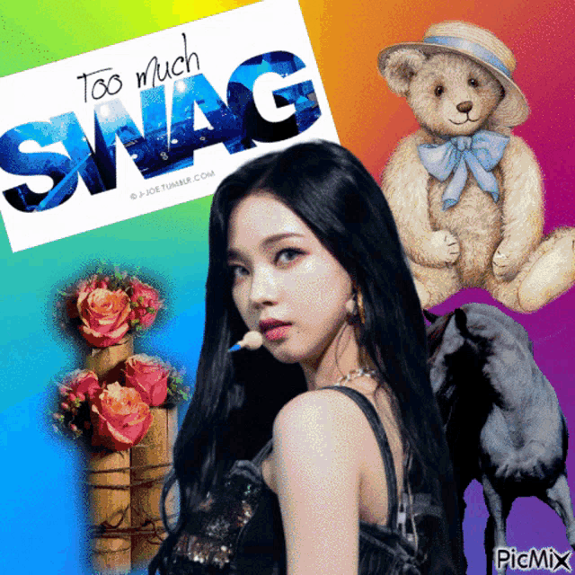 a picture of a woman with a teddy bear and a sign that says too much swag on it