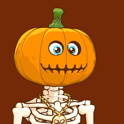 a cartoon drawing of a skeleton with a pumpkin instead of a head