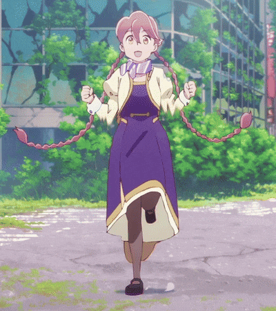 a girl in a purple dress with braids is running