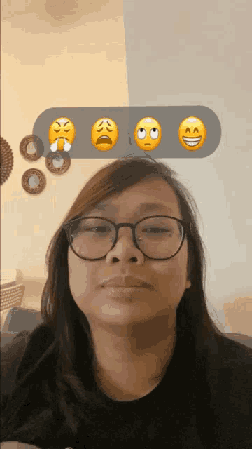 a woman wearing glasses has three different facial expressions on her head