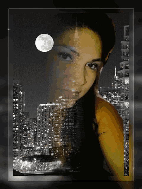 a woman with a full moon behind her