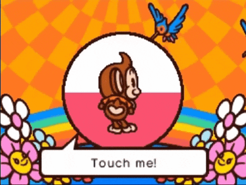 a cartoon of a monkey with a speech bubble that says touch me