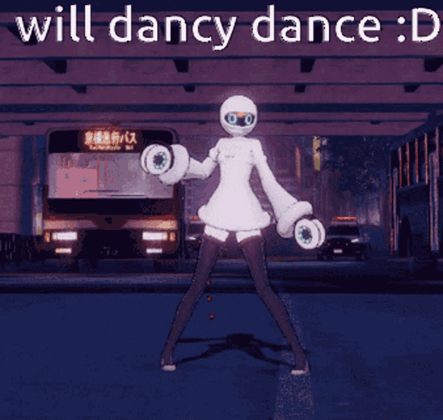 a video game character is dancing in front of a bus that says will dancy dance : d