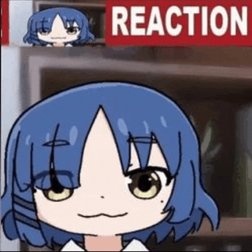 a cartoon of a girl with blue hair and a reaction sign .