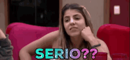 a woman sitting on a pink couch with the words serio written on the bottom