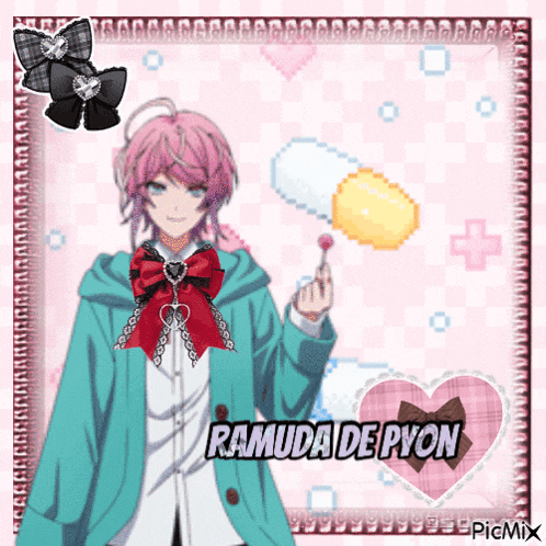 a ramuda de pyon anime character holding a lollipop in his hand