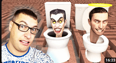 a man with glasses is standing in front of three toilets with heads sticking out of them