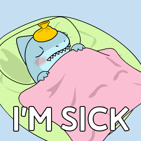 a cartoon of a shark laying in bed with the words i 'm sick written below it