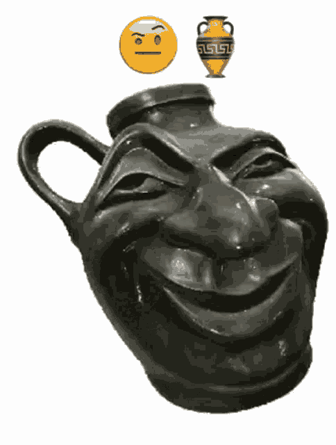 a black vase with a smiley face and a greek key design