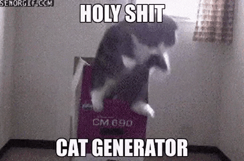 a cat is jumping out of a box with the words `` holy shit cat generator '' .