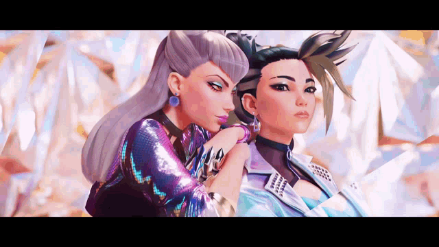 a couple of women standing next to each other with one wearing a choker