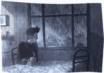 a man is sitting at a table with a cup of coffee and looking out a window at the rain .