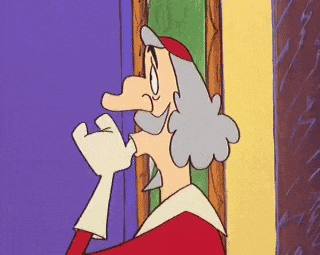 a cartoon character with gray hair and a red hat is standing in front of a door and making a funny face .