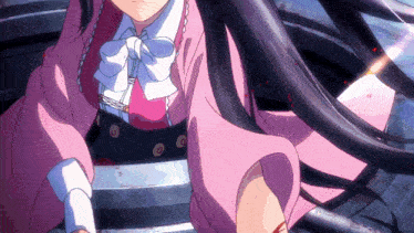 a girl with long black hair is wearing a pink shirt