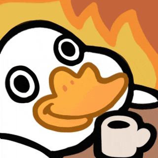 a cartoon duck is holding a cup of coffee in its mouth