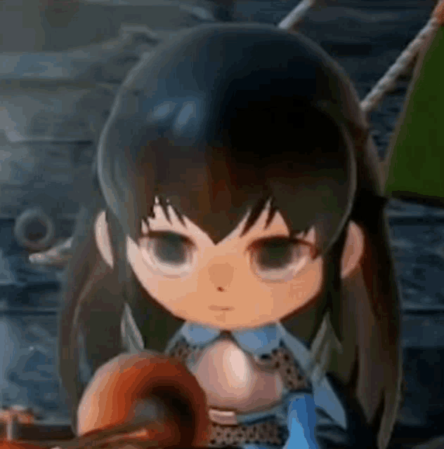 a close up of a cartoon girl holding a squirrel in her hands .