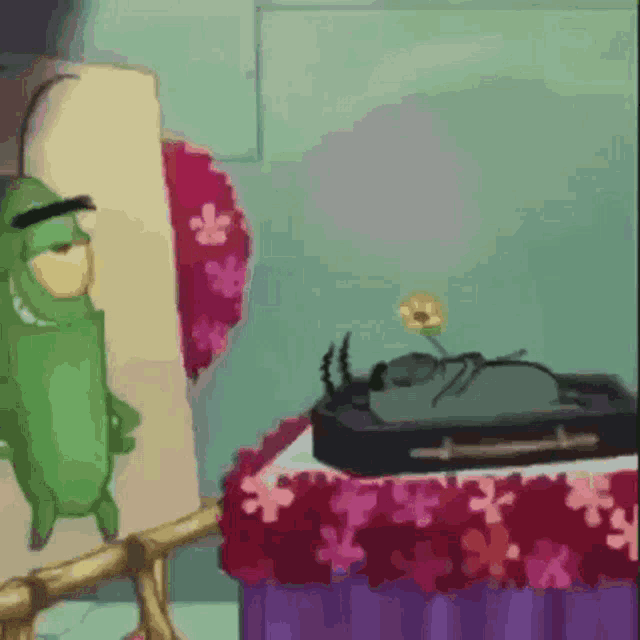 a cartoon character is standing next to a suitcase with a flower on it