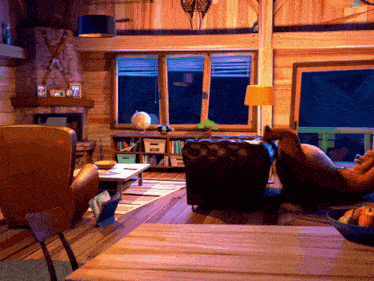 a living room with a couch and chairs and a bookshelf with a globe on it with the letter e on it
