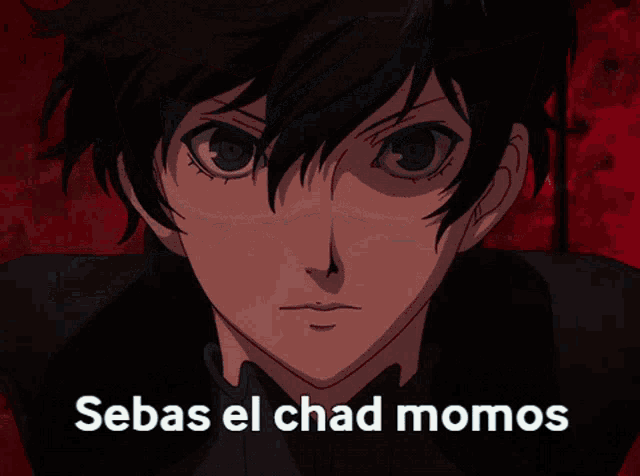 a close up of a person 's face with the words sebas el chad momos above it