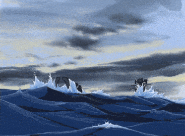 a painting of a large body of water with a cloudy sky in the background