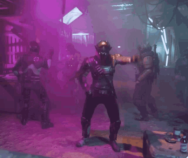 a video game character is dancing in a dark room with purple smoke coming out of the walls