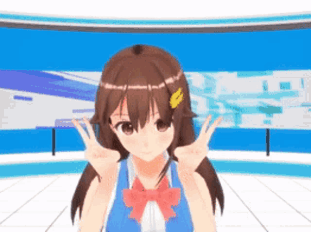 a girl with brown hair is giving the peace sign in front of a blue background