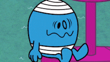 a blue and white cartoon character with a striped shirt on
