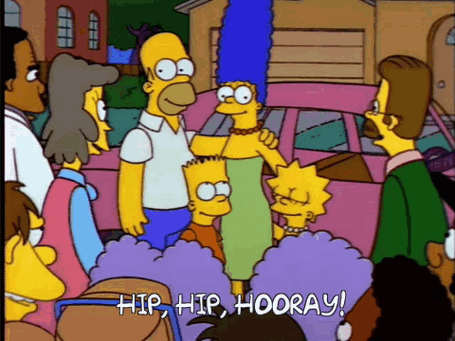 a cartoon of homer simpson holding bart 's hand and saying " hip hip hooray "