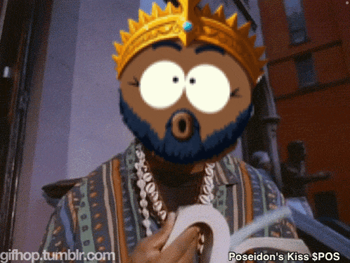 a man with a beard and a crown is reading a book titled poseidon 's kiss $ pos