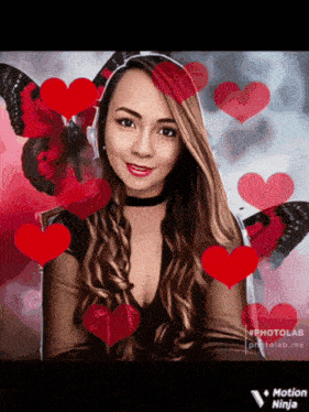 a woman is surrounded by red hearts and butterflies and says motion ninja